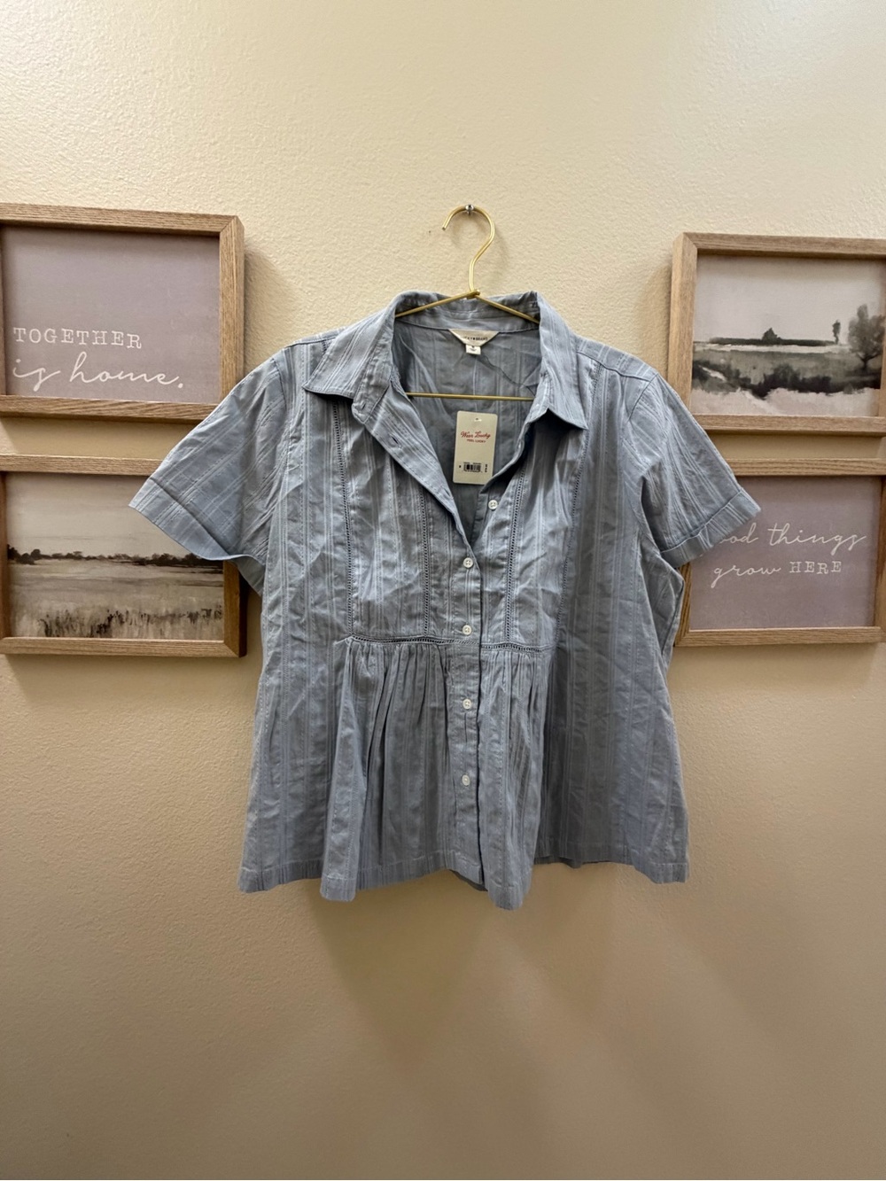 Lucky Brand Light Blue Striped Short Sleeve Button Front Top